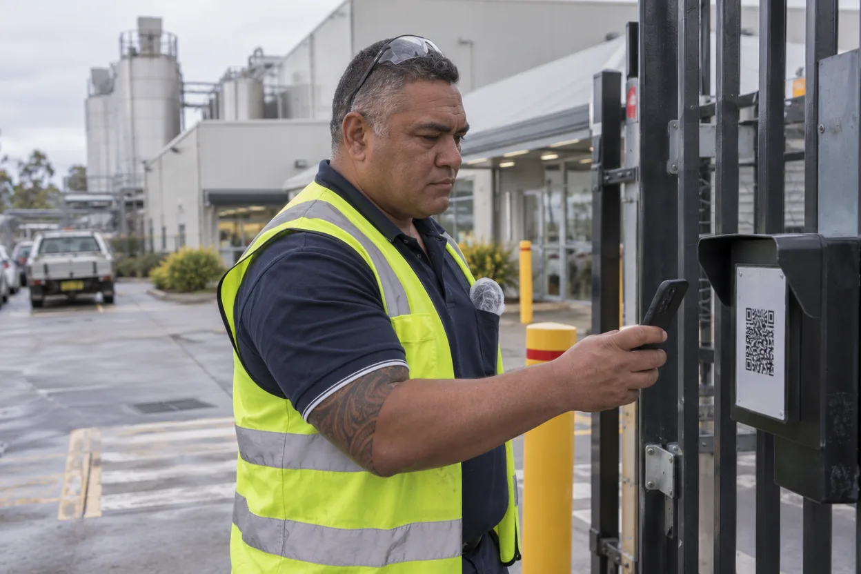 A worker in high-vis and safety glasses scanning a QR code on a stand at a plant gate, a steel mill’s structure visible behind the fence