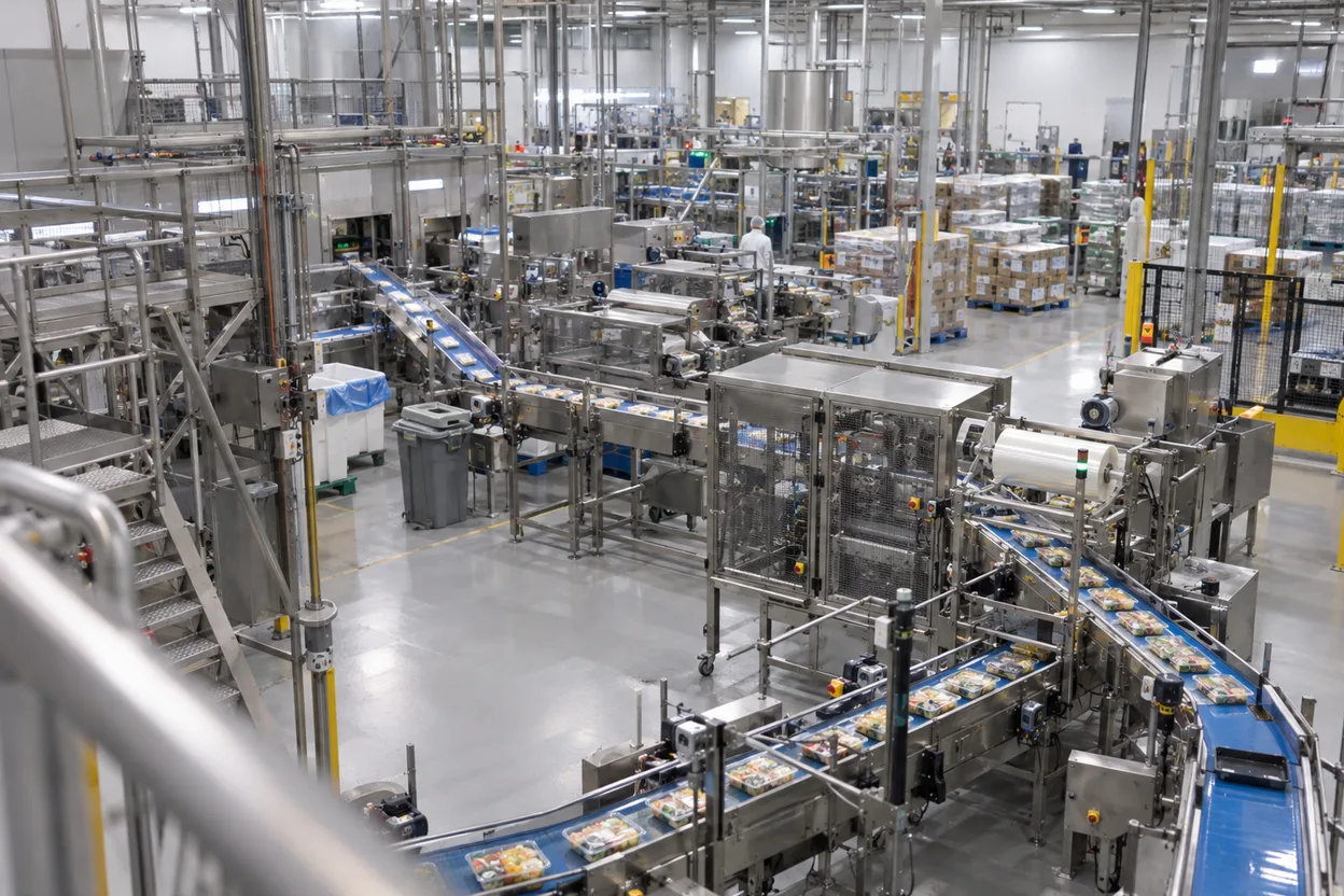 A steel mill production line seen from an elevated walkway, the kind of plant a maintenance and reliability team runs