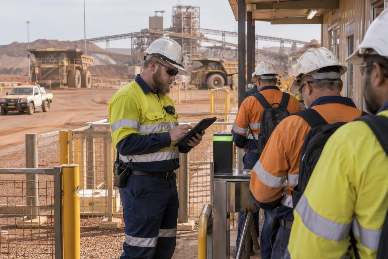An HSE superintendent checking a tablet against a shutdown crew signing in at a mine site portal, haul trucks and processing infrastructure in the background