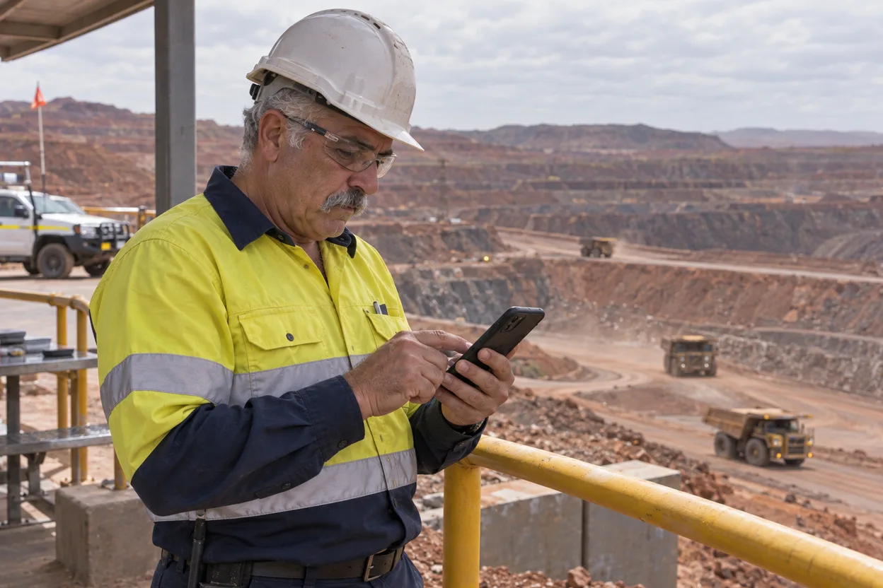A shutdown contractor completing a site induction on his phone at the edge of an open-cut pit, haul trucks moving on the benches behind him