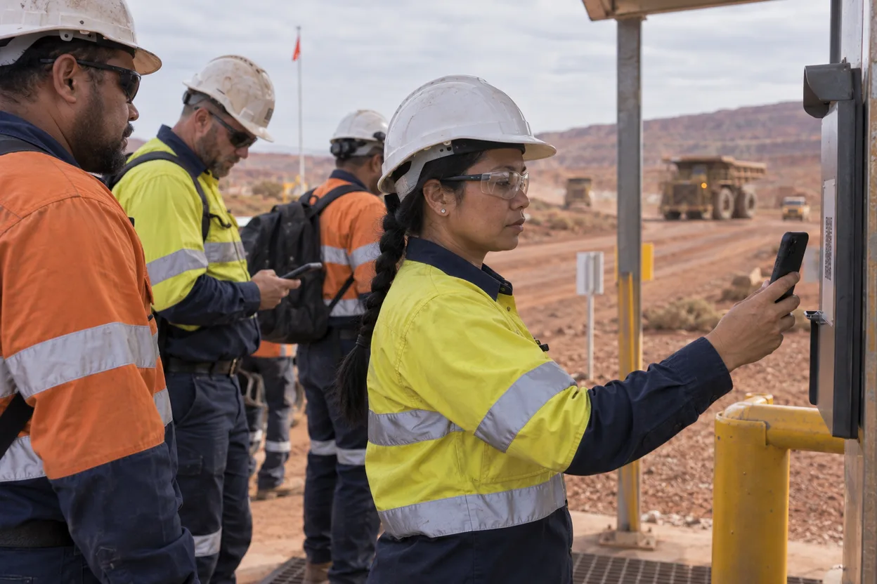 A group of contractors in hi-vis and hard hats scanning a QR code at a muster point sign-in board beside a mine site access road