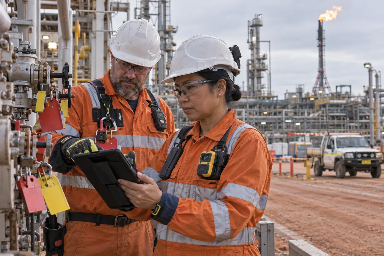 A turnaround contractor and an HSE manager checking a tablet against a bank of tagged isolation points at a gas plant during a shutdown