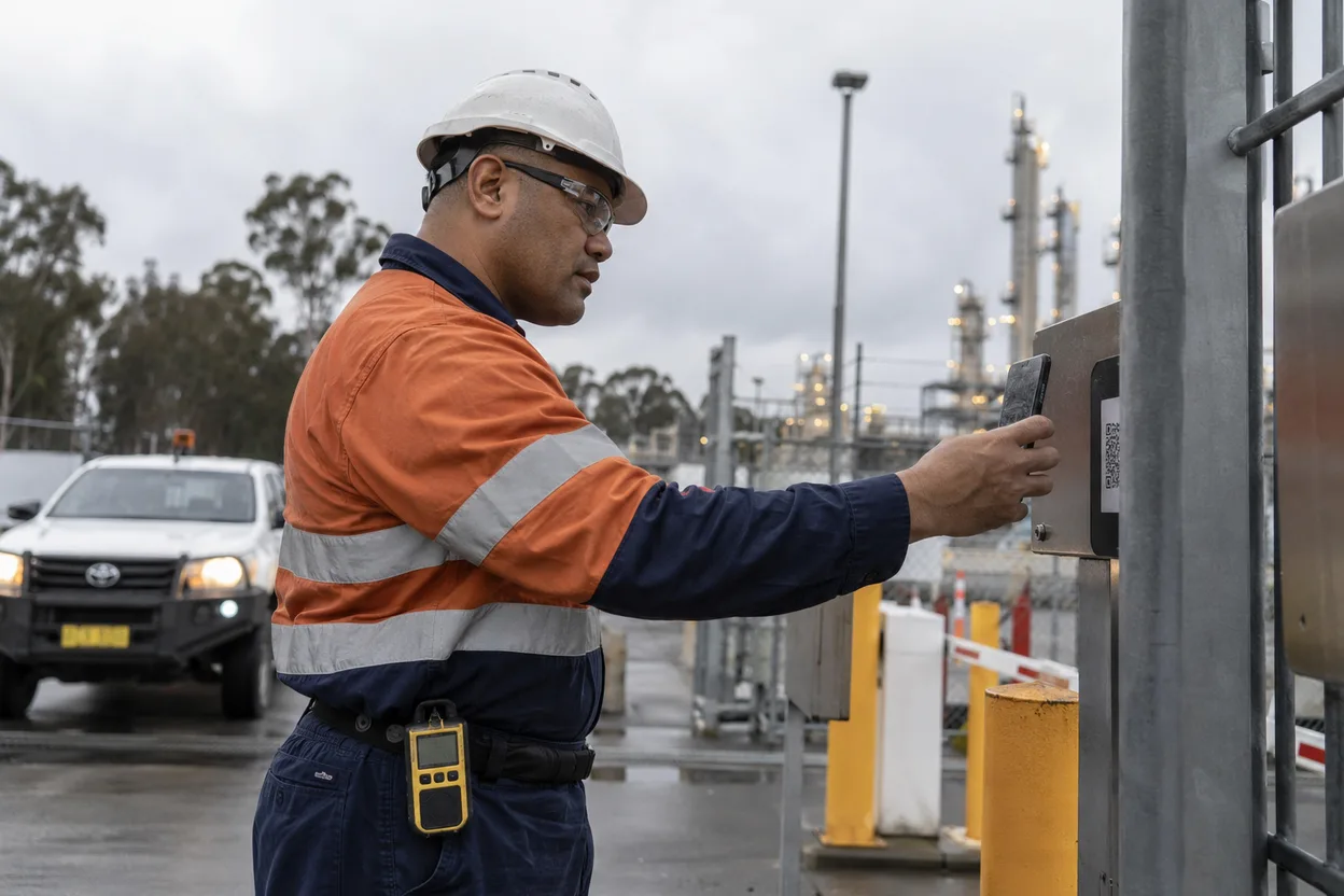 A contractor in flame-resistant coveralls scanning a QR code at a gas plant gate, a portable gas detector clipped to his belt