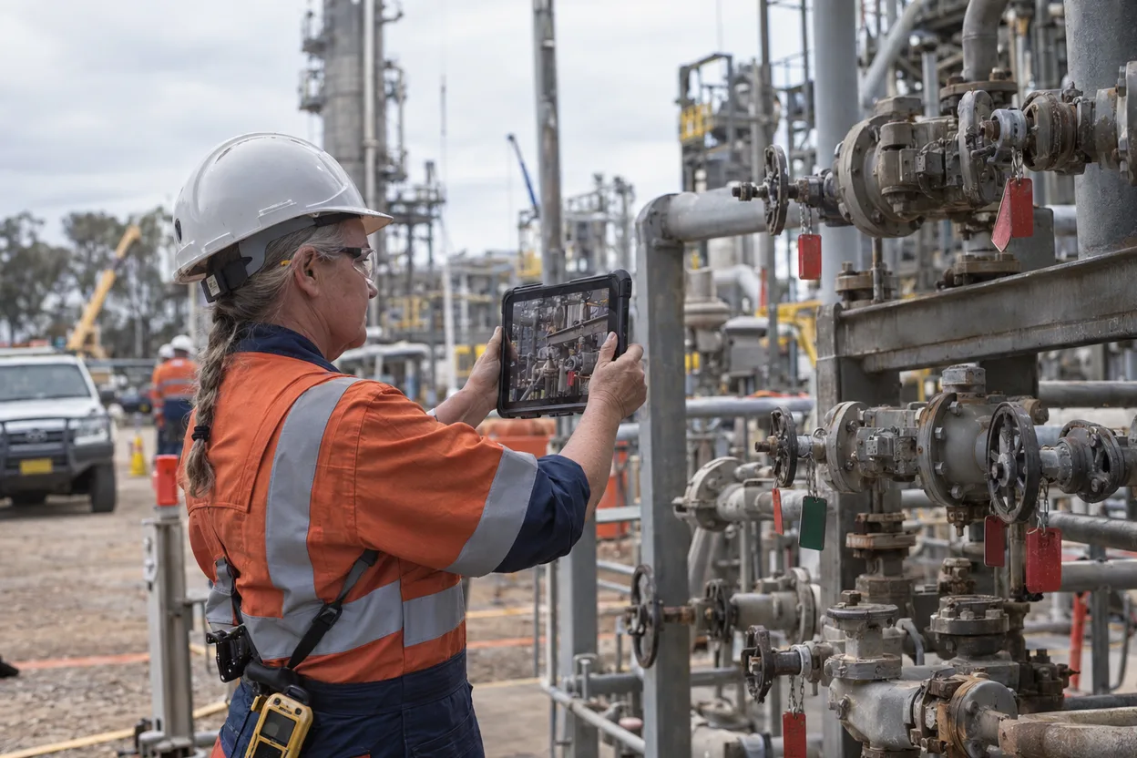 An inspector in a hard hat and safety glasses photographing a valve manifold on a tablet during a plant turnaround, isolation tags visible on the valves