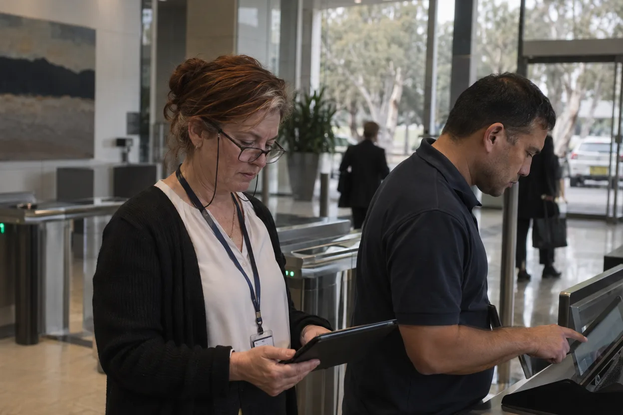 An estate manager checking a tablet against a security gate at a government office building, a contractor signing in on the screen beside her