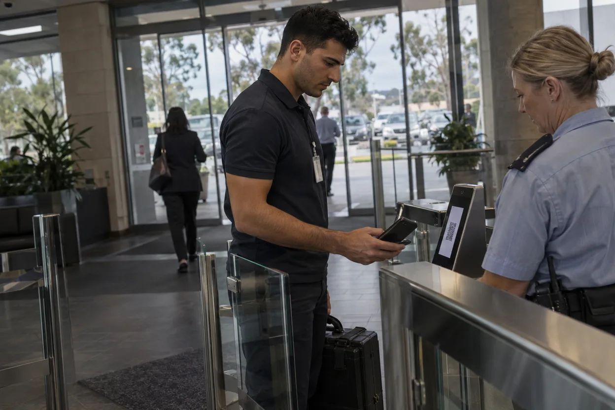 A contractor scanning a QR code at the security gate of a government office building, an agency security officer checking the screen beside him