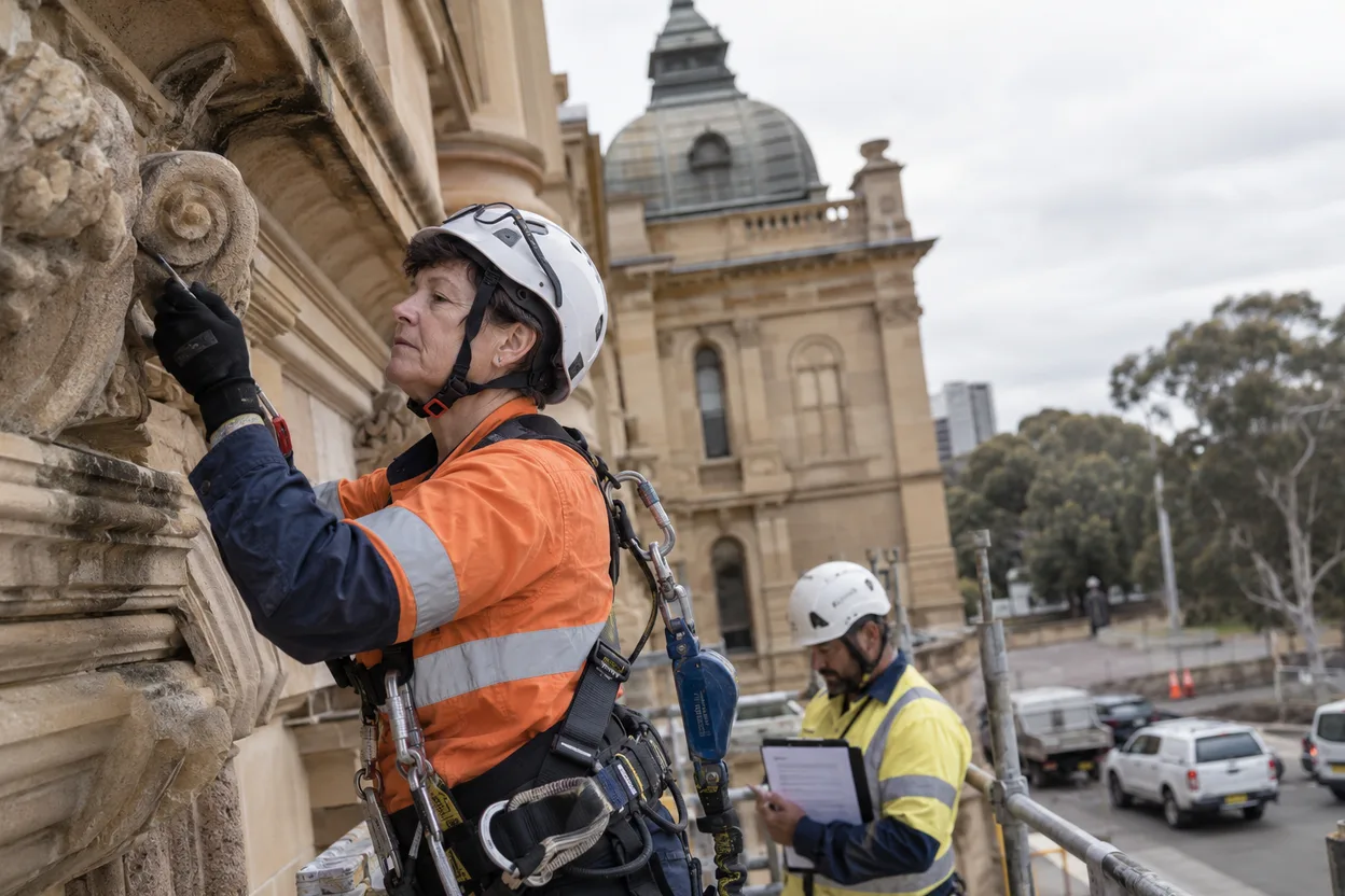 A contractor harnessed and working at height on the facade of a heritage-listed government building, a heritage approval notice visible on a clipboard nearby