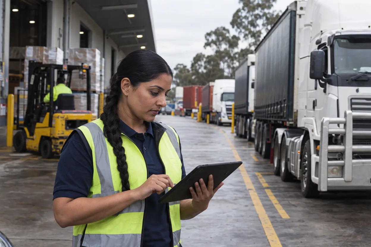A fleet compliance manager checking a tablet against a row of prime movers queued at a distribution centre dock, a forklift moving pallets behind her