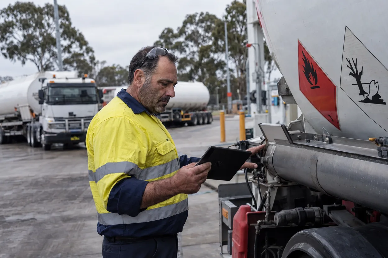 A driver checking a placarded tanker trailer against a consignment note on a tablet at a depot, dangerous goods diamonds visible on the trailer
