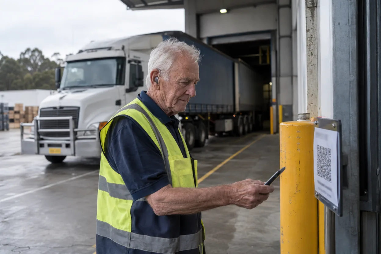 A driver in hi-vis scanning a QR sign-in notice at a distribution centre dock, a prime mover and trailer backed up to the bay behind him