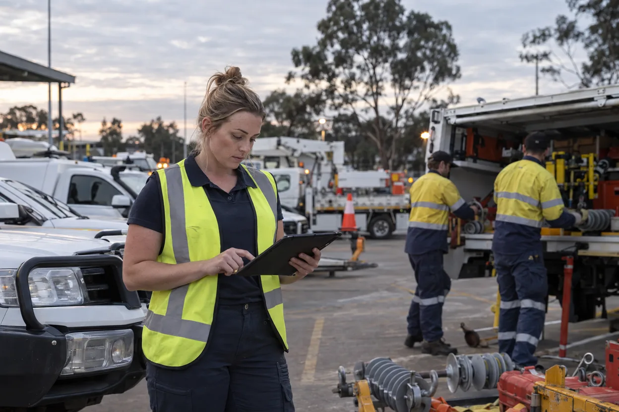 A network operations manager checking a tablet beside a fleet of service vehicles at a depot, a field crew loading isolation equipment behind her