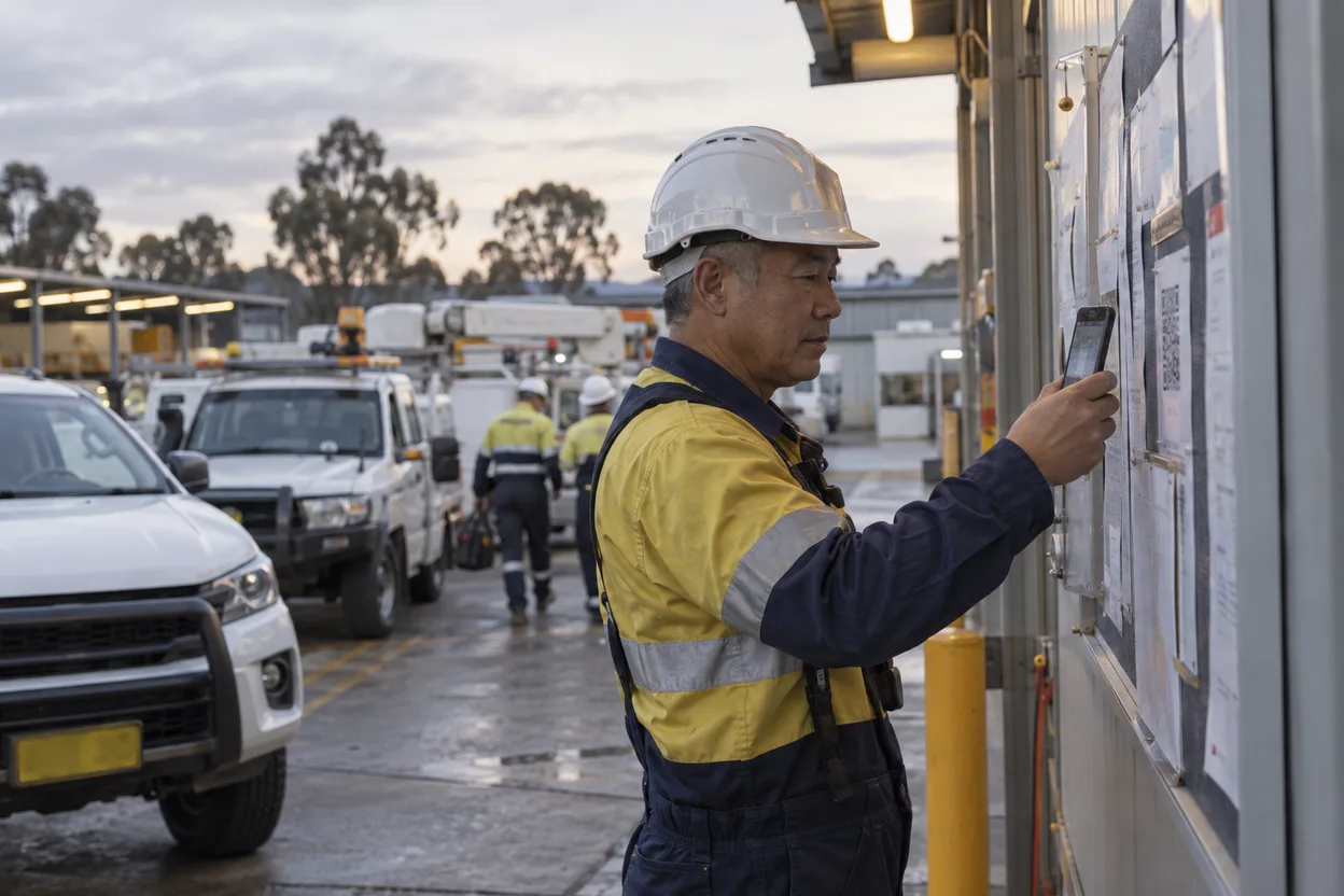 A field crew member in arc-rated overalls scanning a QR sign-in code on a depot noticeboard beside a fleet of service vehicles at first light