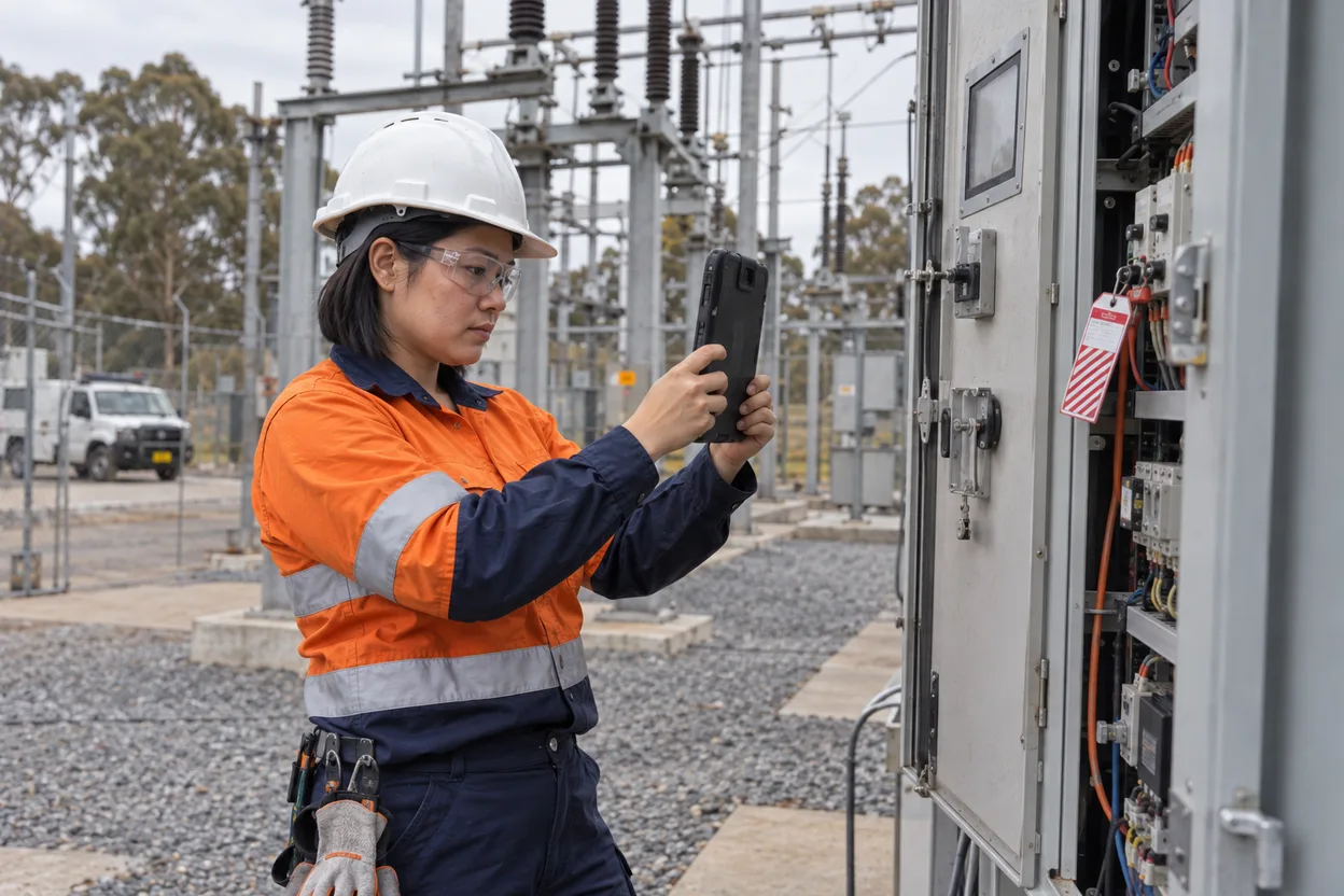 A network technician in hi-vis and a hard hat photographing a switchboard cabinet at a substation on a tablet, an isolation tag on the open panel beside her