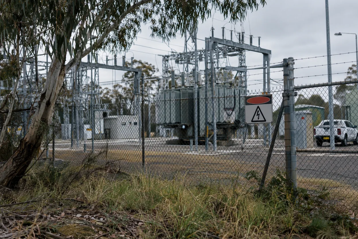 A substation seen through a chain-link fence with warning signage, the kind of site a network operator runs