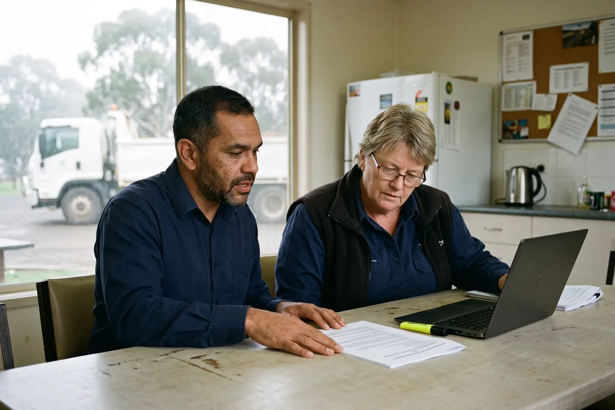A WHS consultant and a council works coordinator going through a printed contractor procedure and a laptop at a depot lunchroom table