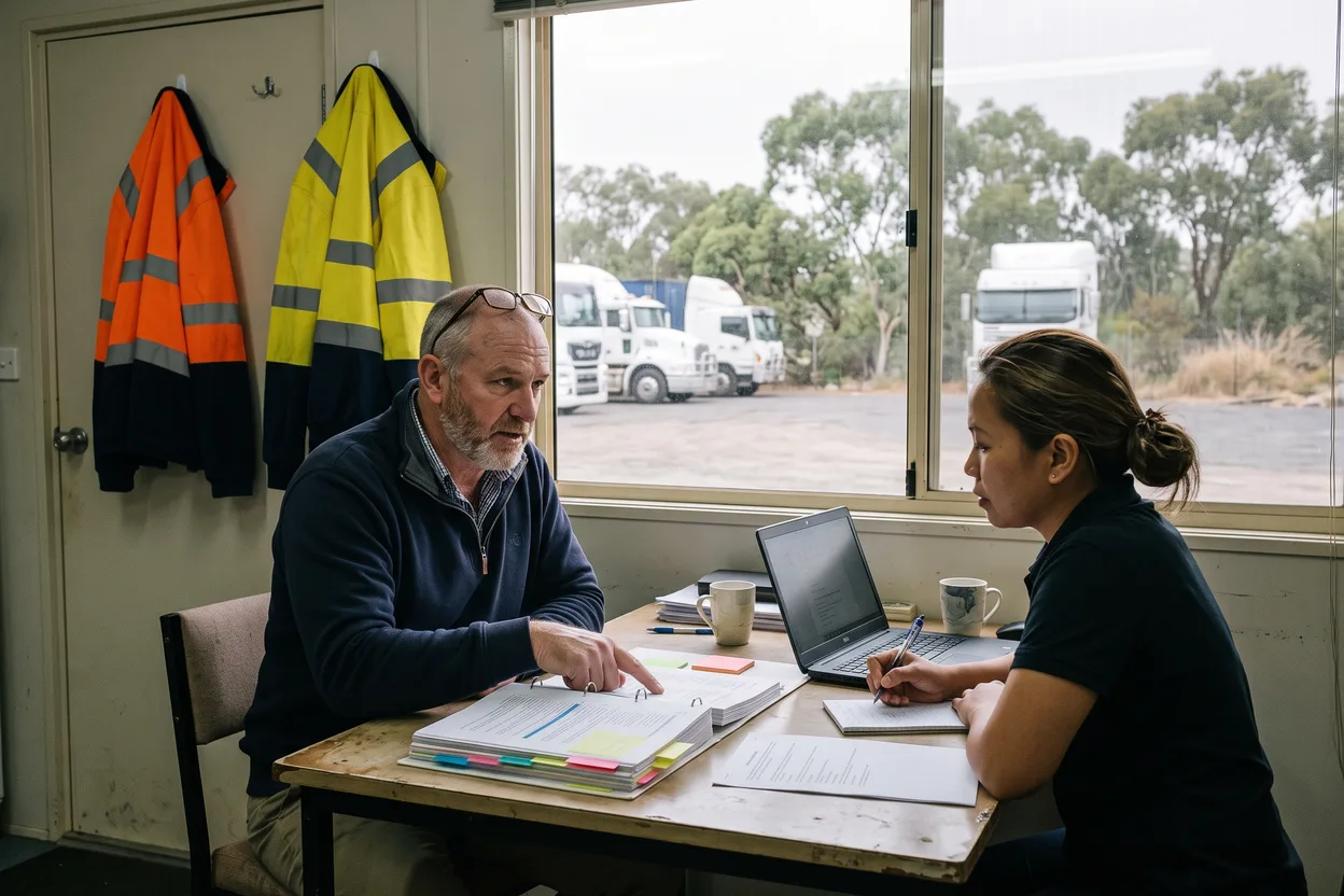 A WHS consultant with a grey beard points to a line in a tabbed procedure binder while a client safety manager makes a note, at a table in a depot site office with trucks in the yard outside