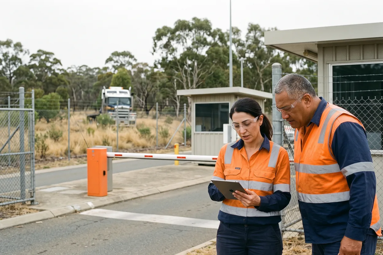 A safety consultant in a two-tone hi-vis vest checks a tablet with a depot supervisor at the gate of an operating yard while a contractor van waits