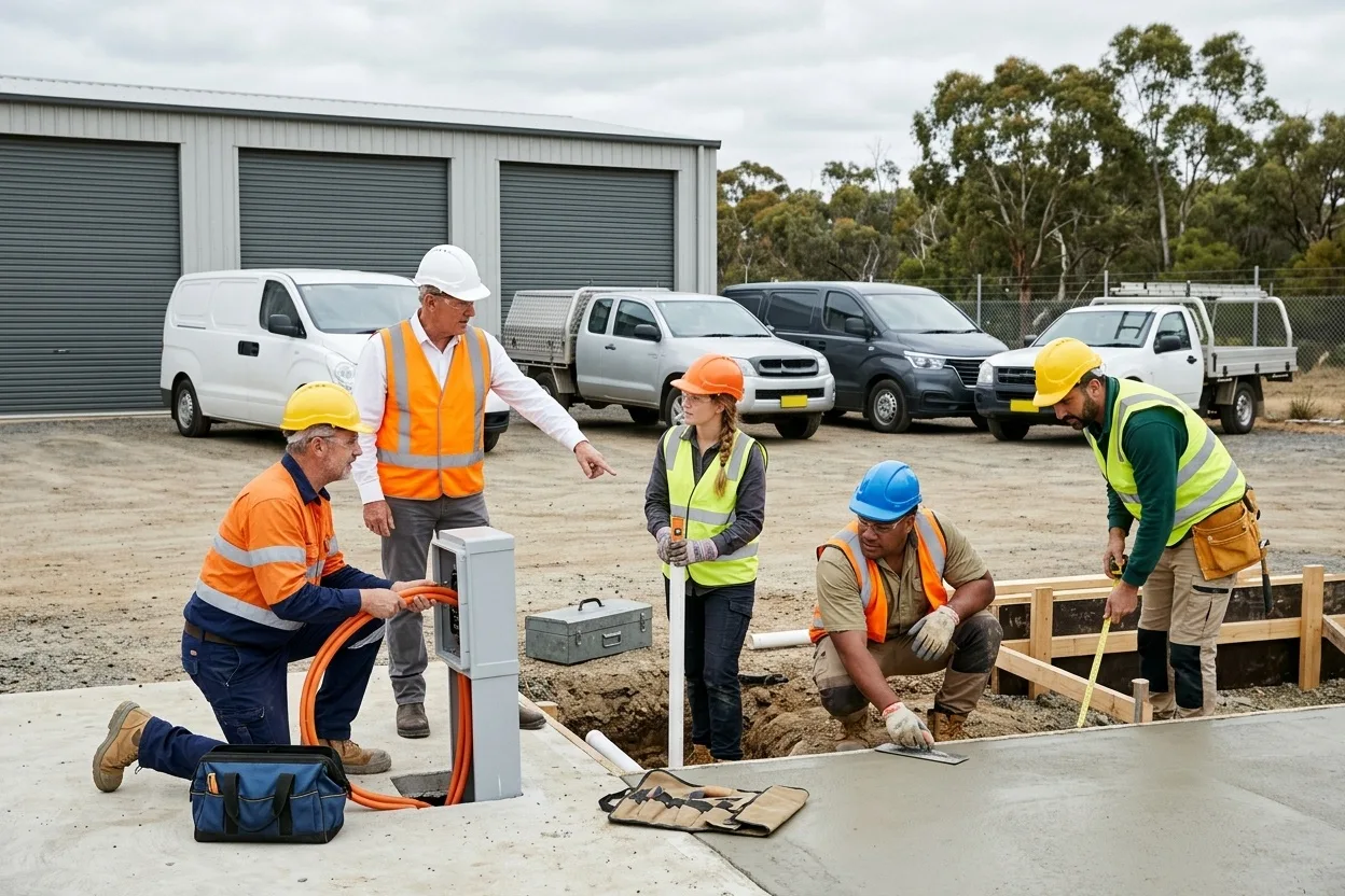 Five tradespeople from different companies, each in their own workwear and hard hat, working together on a new slab and trench at a depot upgrade, their own vans and utes parked behind