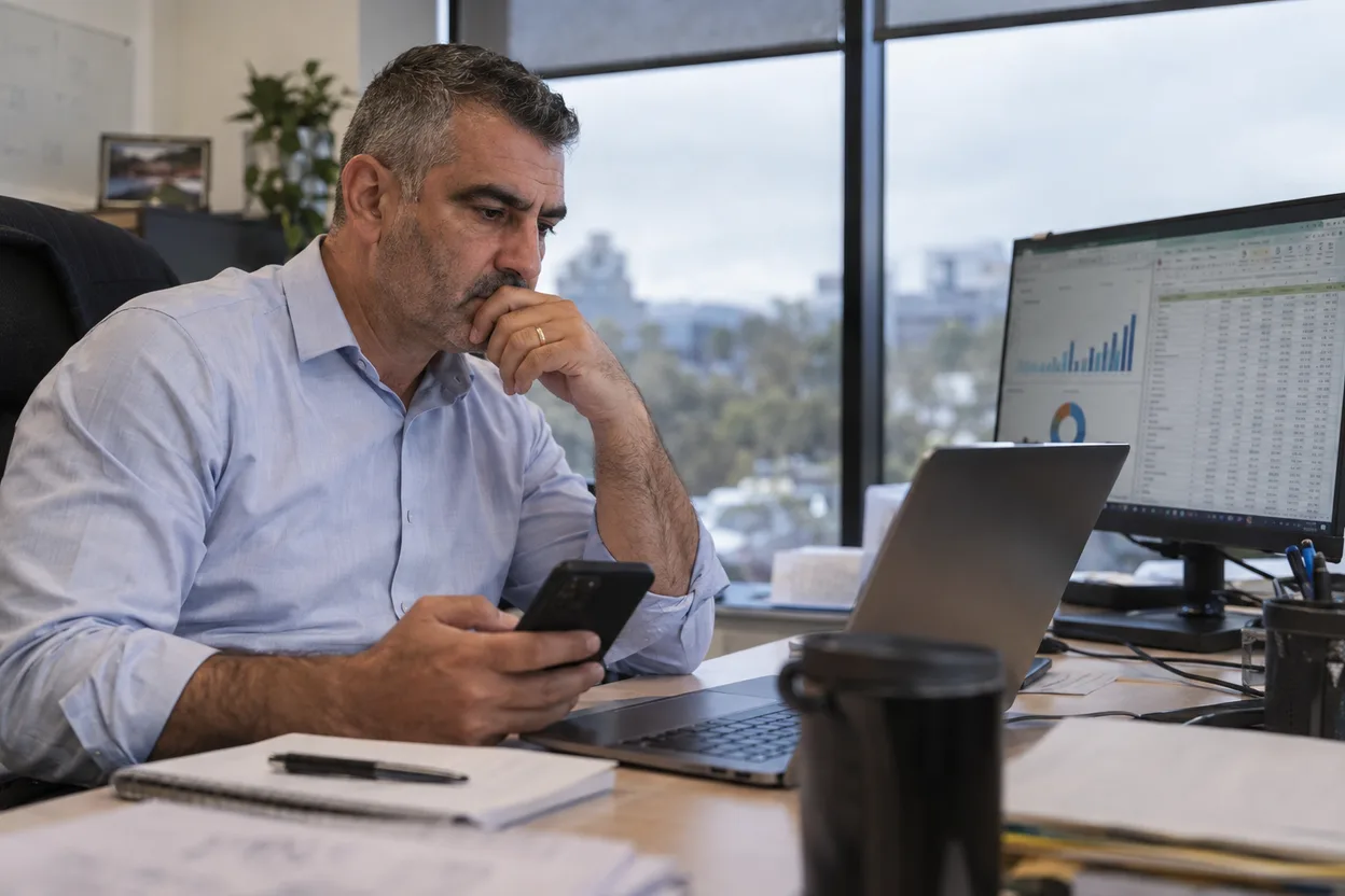 A CFO or finance director reviewing a cost-per-contractor dashboard on a laptop, phone in hand
