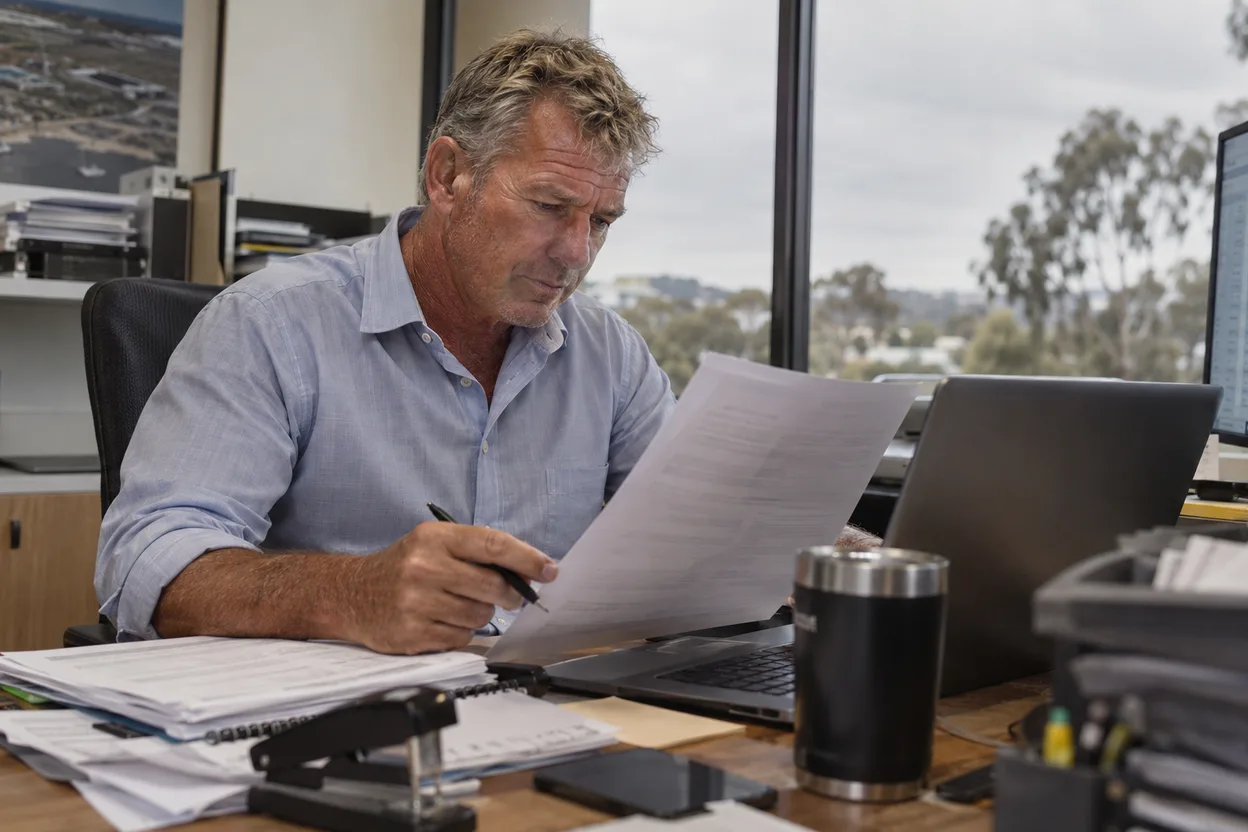 A finance director at a desk comparing a workers compensation claim letter against a laptop screen showing a contractor’s insurance and induction record