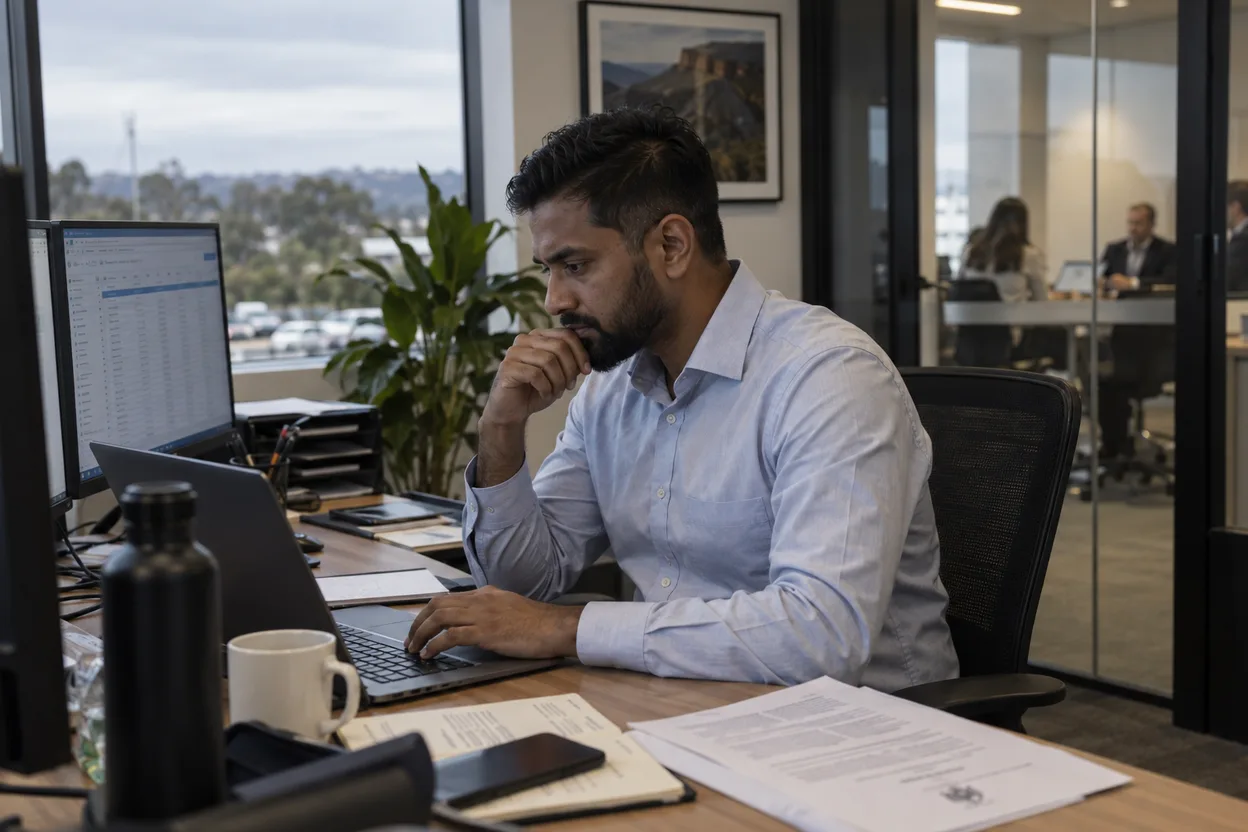 A compliance manager at a desk exporting a filtered contractor compliance record on a laptop, a printed regulator notice beside the keyboard, a meeting room visible through glass behind them