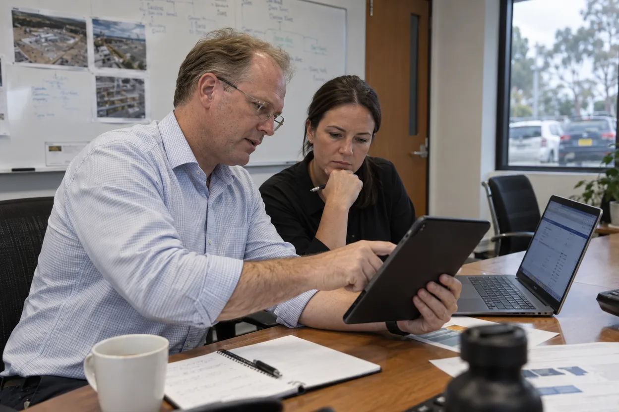 A risk manager showing an audit and risk committee pack on a tablet to a colleague at a boardroom table, the same supplier record visible on a laptop screen beside them