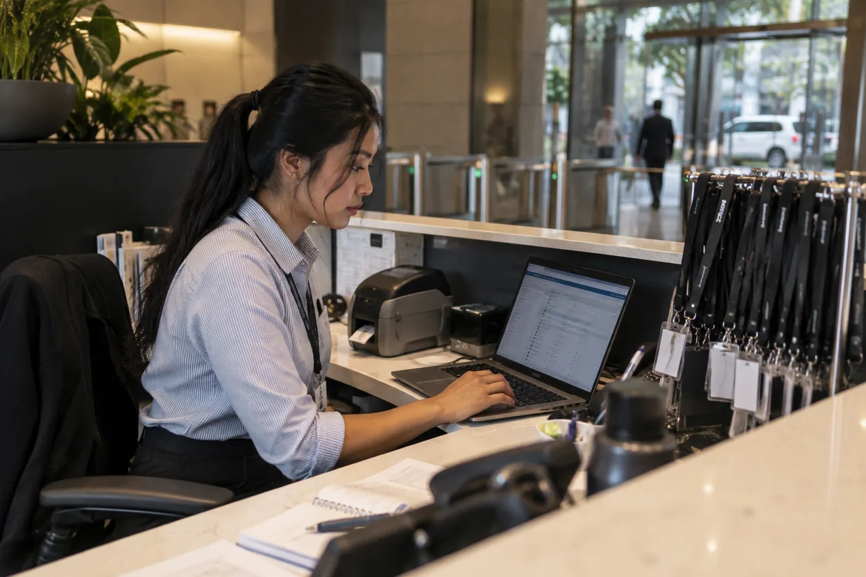 A facilities manager reviewing a live building access list on a laptop at a ground-floor security desk, a rack of visitor lanyards and a swipe card printer beside her