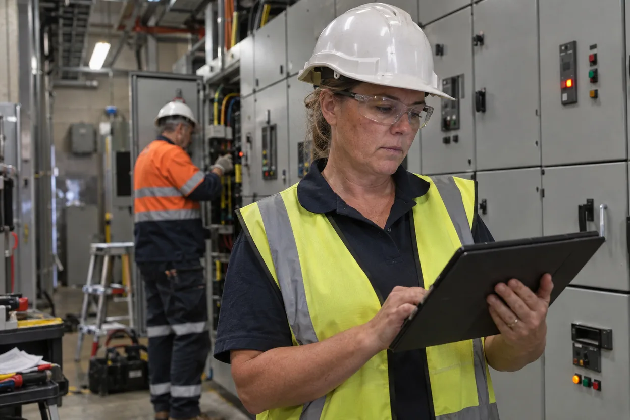 A facilities manager checking a tablet against a bank of switchboards in a plant room, a contractor working at an open panel behind her