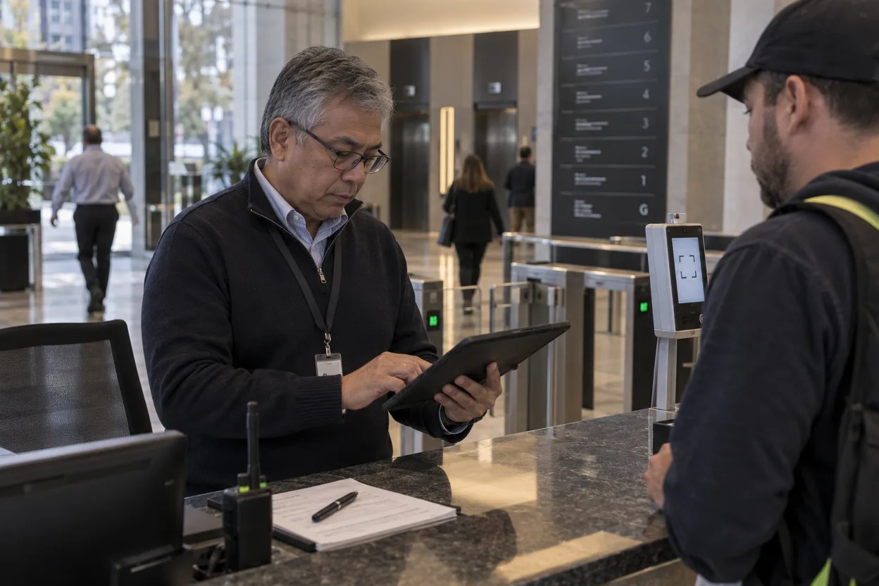 A facilities manager at a building’s ground-floor security desk, checking a contractor’s induction and licence on a tablet beside a turnstile and QR check-in kiosk, a lift lobby and building directory behind them