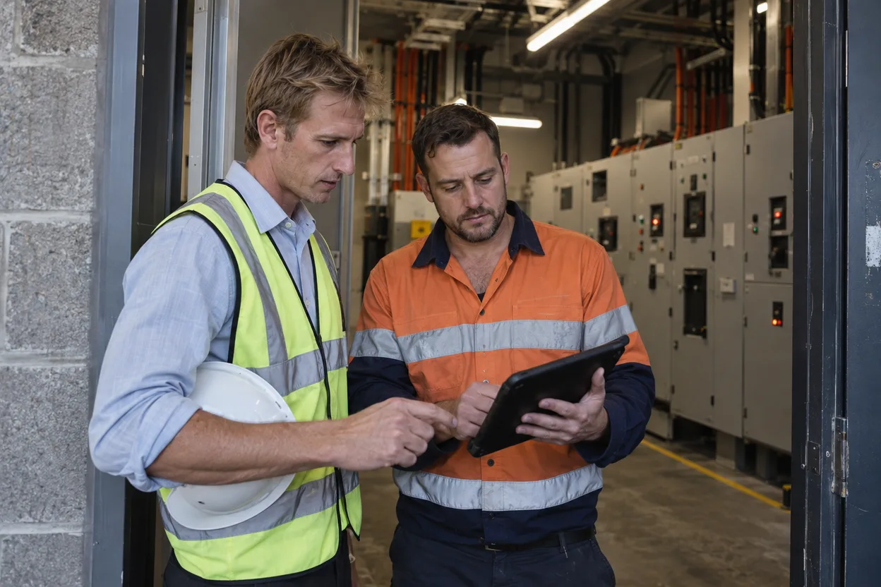 A facilities manager and a lift contractor reviewing a service report on a tablet in a plant room doorway, base-building switchboards visible behind them