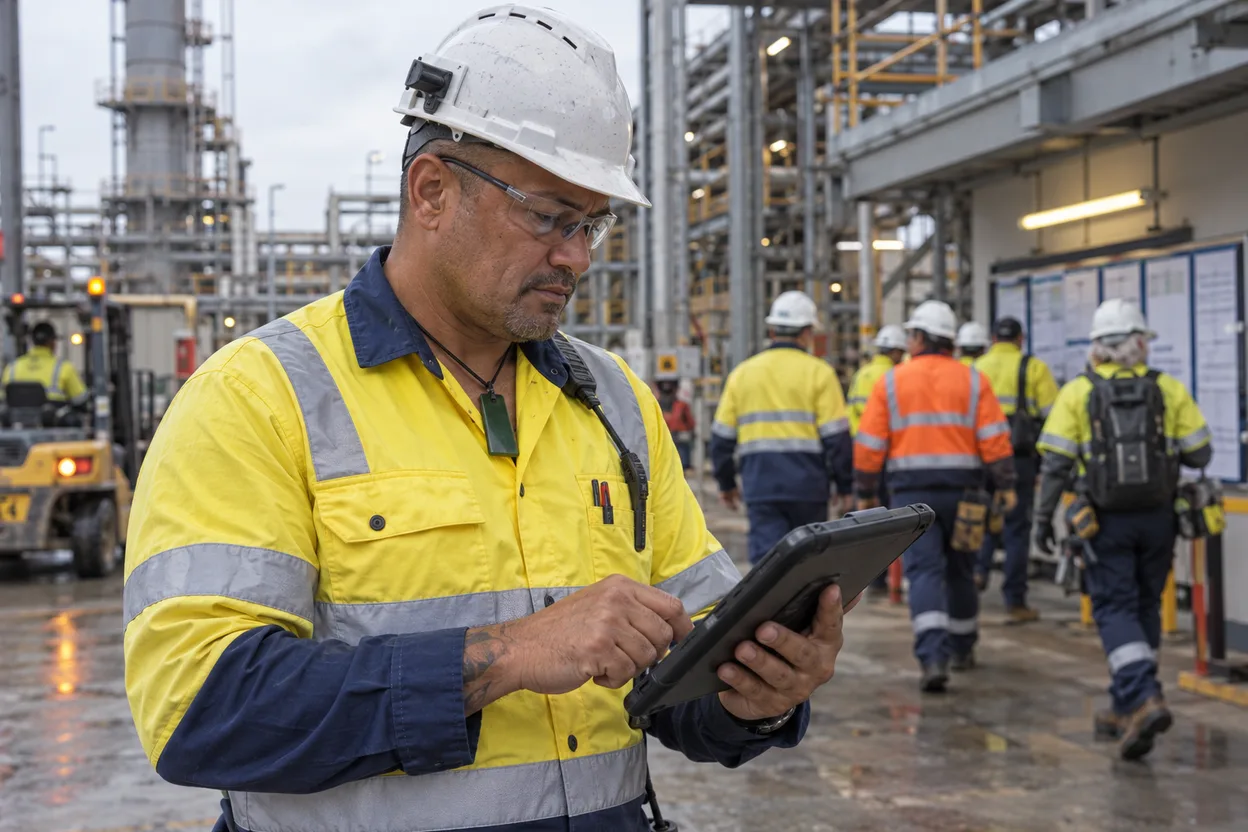 An operations manager checking a live list of cleared crews on a tablet during a shutdown, workers in high-visibility clothing moving past a shift-change board behind him