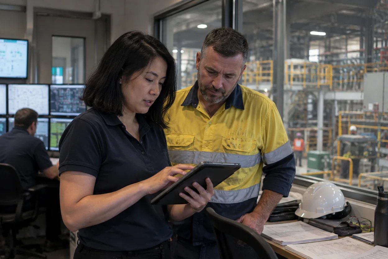 An operations manager and a maintenance contractor reviewing a work order on a tablet beside a control room window overlooking the production floor