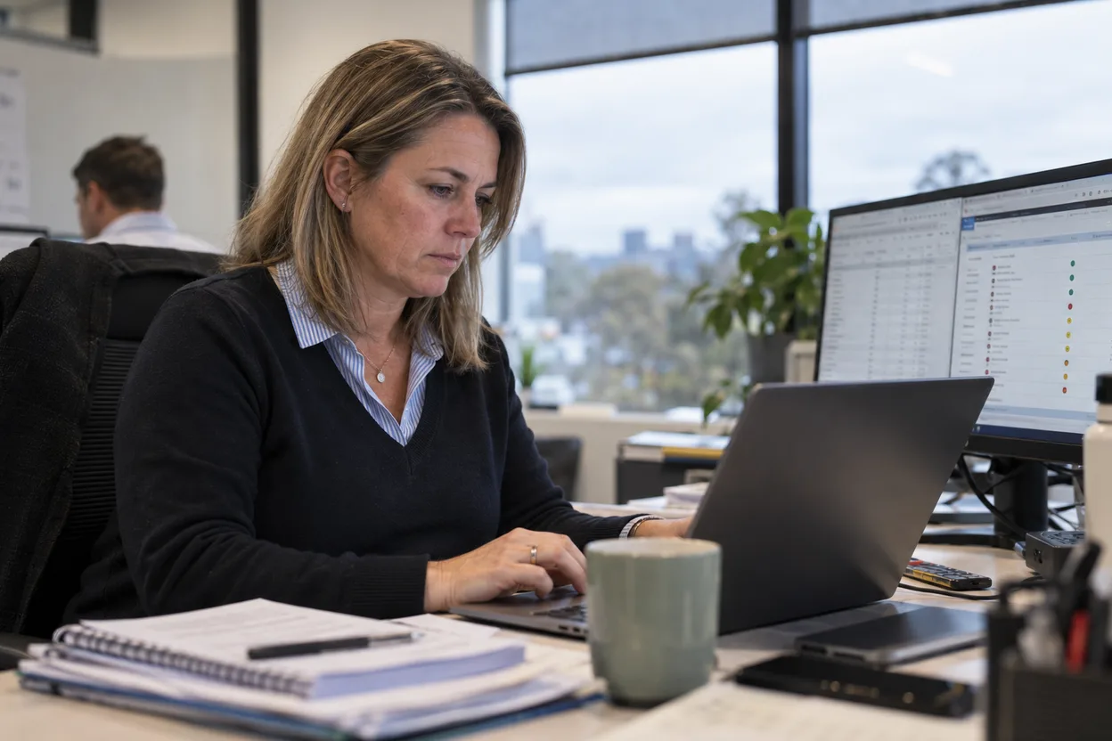 A procurement lead at a laptop signing off a supplier’s cleared prequalification record, a tender shortlist visible on the screen behind it