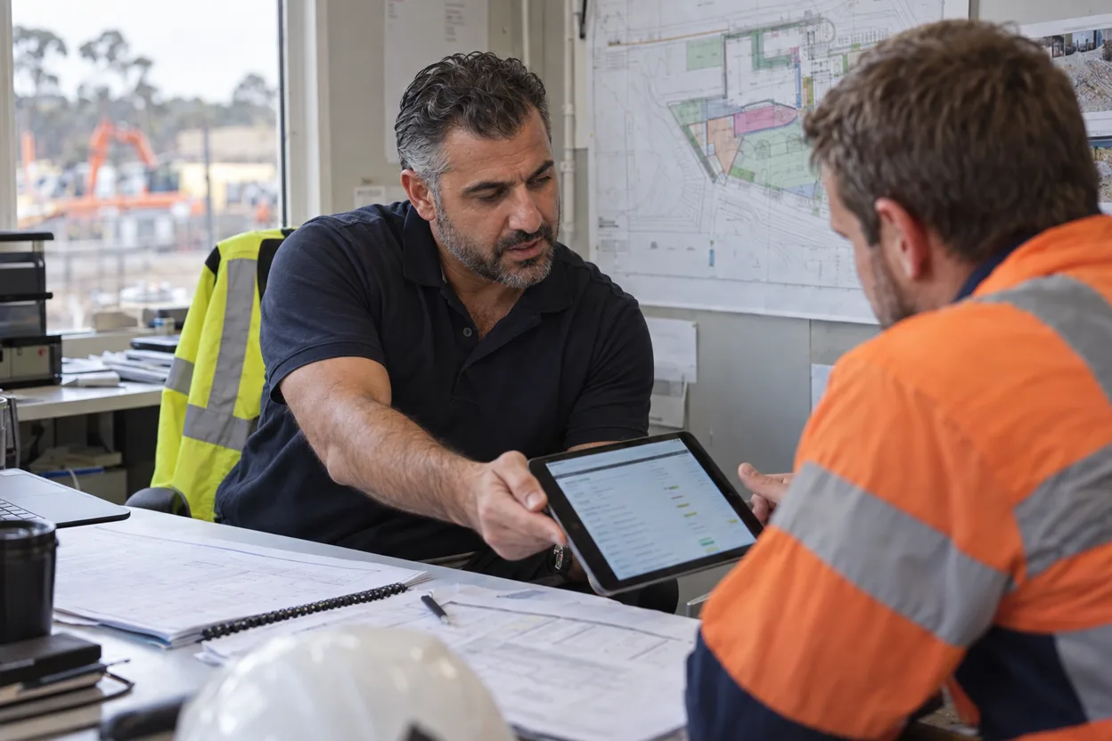 A procurement manager handing a tablet showing a contractor compliance record to an incoming Principal Contractor’s site manager, at a desk in a project office with a site plan on the wall behind them
