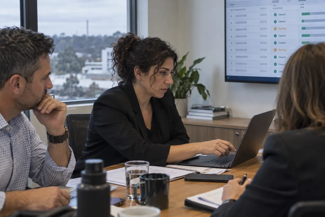 A procurement team reviewing a tender shortlist on a laptop in a meeting room, a live supplier panel dashboard on a second screen showing cleared and pending status