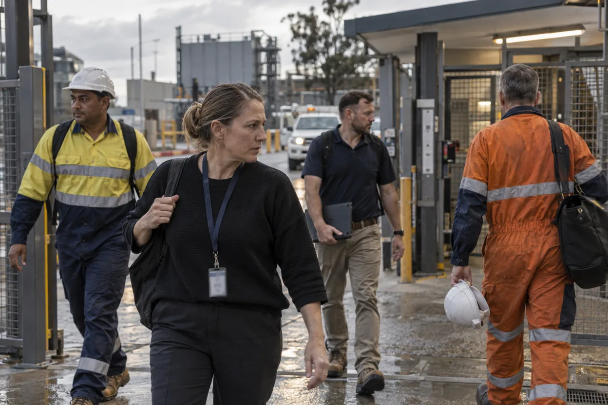 Four people from different jobs crossing paths at a site gate at shift change: a woman in office clothes with a lanyard, a man in clean hi-vis and a hard hat, a man in a company polo carrying a tablet, and a man in orange arc-rated overalls