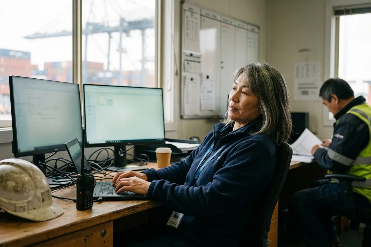 A safety manager in a site office leaning back from two monitors, typing a question on a laptop, with a hard hat and a two-way radio on the desk