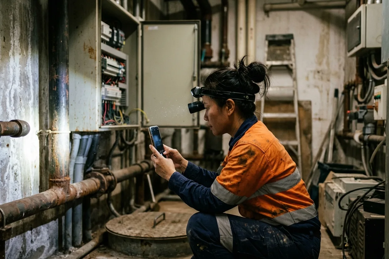 An inspector in hi-vis photographing a switchboard with her phone in a dim basement plant room, a torch beam across the pipes, no signal bars on the screen