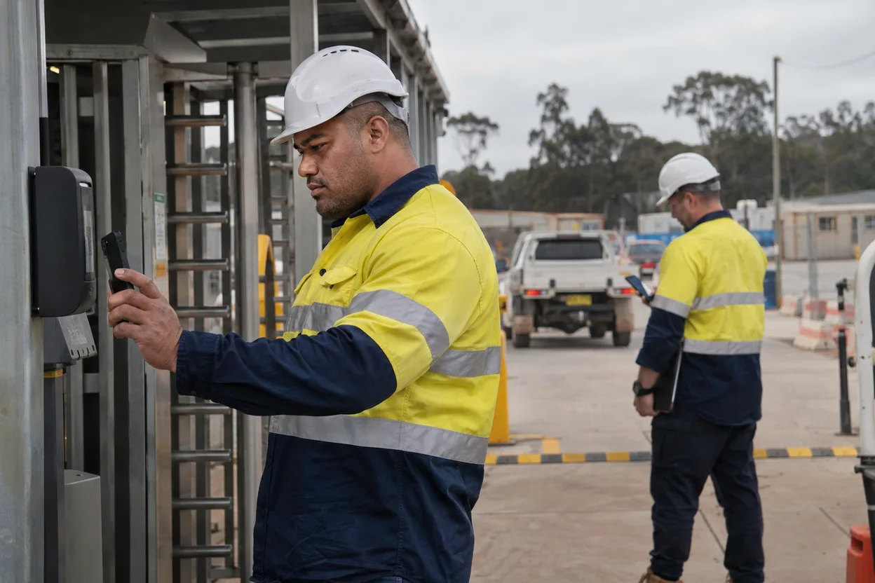 Two phones in use at a site gate at the start of a shift: a Worker in hi-vis signing in at a QR reader with one, and a supervisor a few steps behind reading a screen on the other