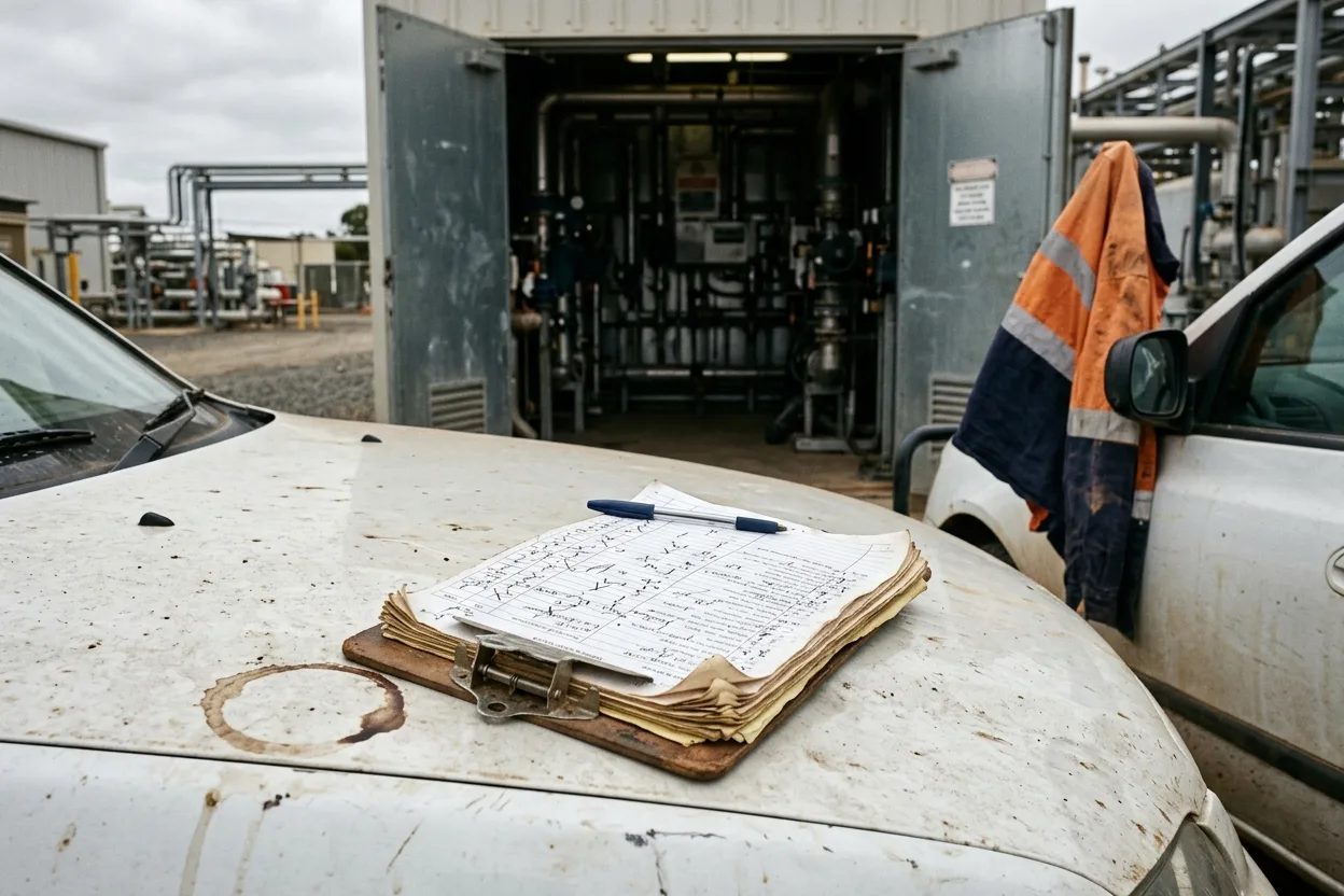 A clipboard with a completed paper inspection checklist and a pen on the bonnet of a ute, a stack of older sheets clipped underneath, a plant room door open behind