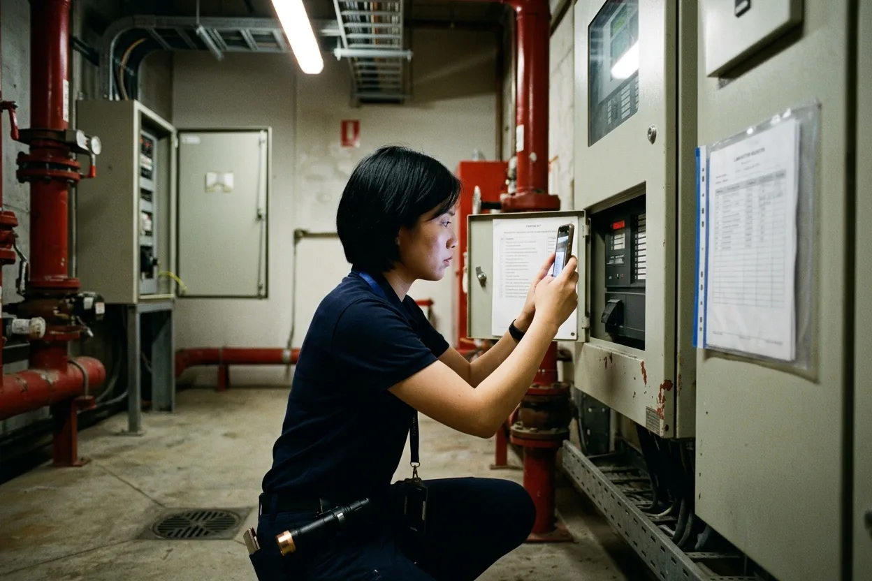A facilities coordinator crouched by a fire panel in a plant room, photographing a failed item on her phone with the checklist open