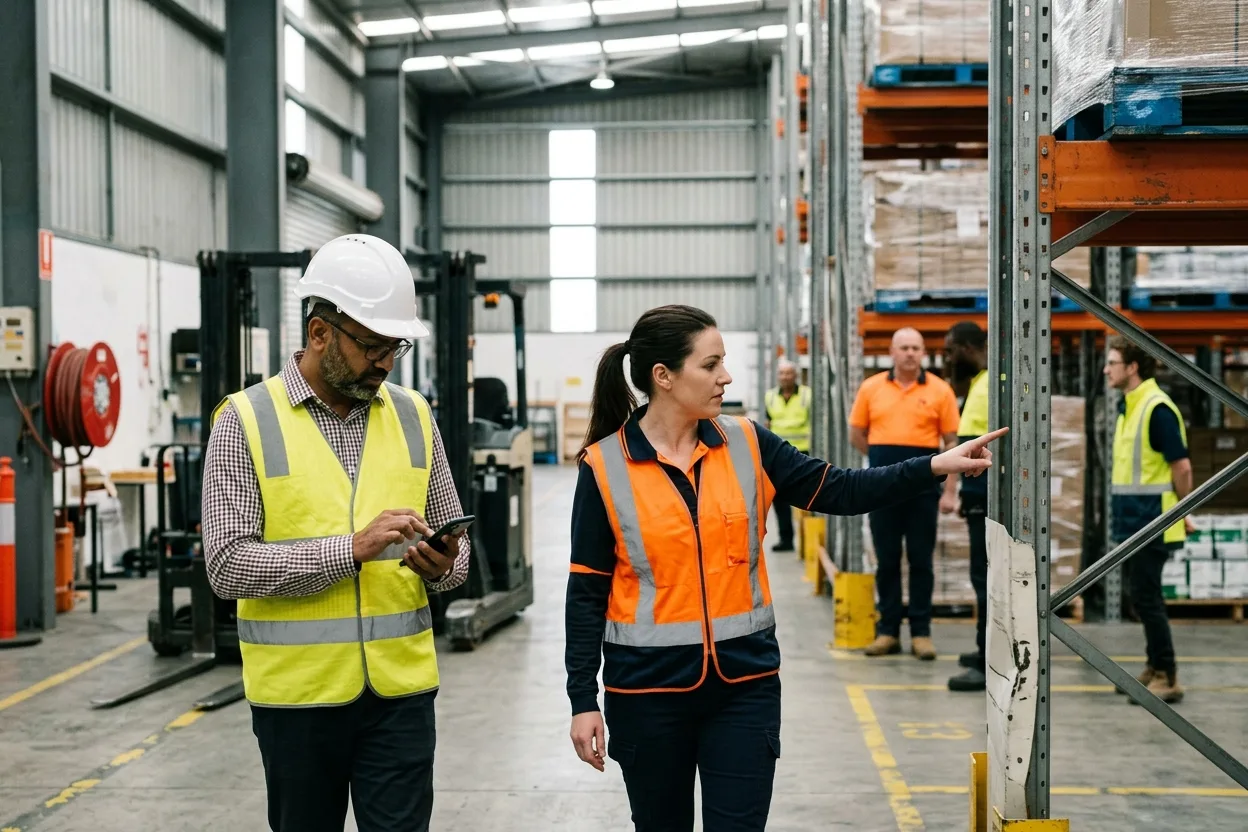 A site supervisor and a contractor walking a warehouse aisle together, the supervisor ticking items on a phone while the contractor points at a racking upright