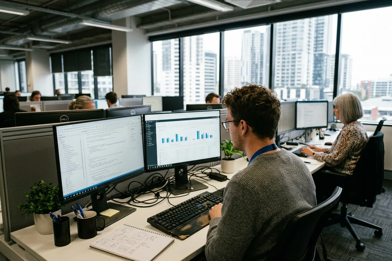 A systems analyst at a two-monitor desk in an Australian corporate office, API documentation open on one screen and a reporting dashboard on the other, both soft