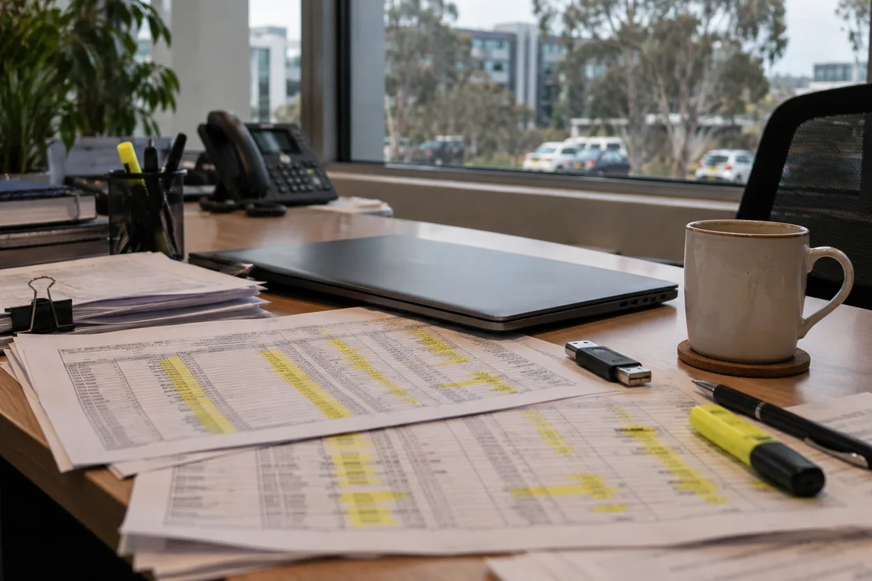 A printed spreadsheet of contractor records spread across an office desk beside a laptop, columns highlighted by hand, and a USB stick and a coffee cup on the pages