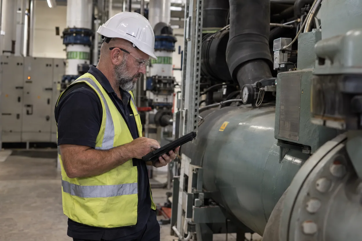 A maintenance planner in hi-vis in a plant room checking a work order on a tablet against the compliance plate of a chiller, with pipes and a switchboard behind