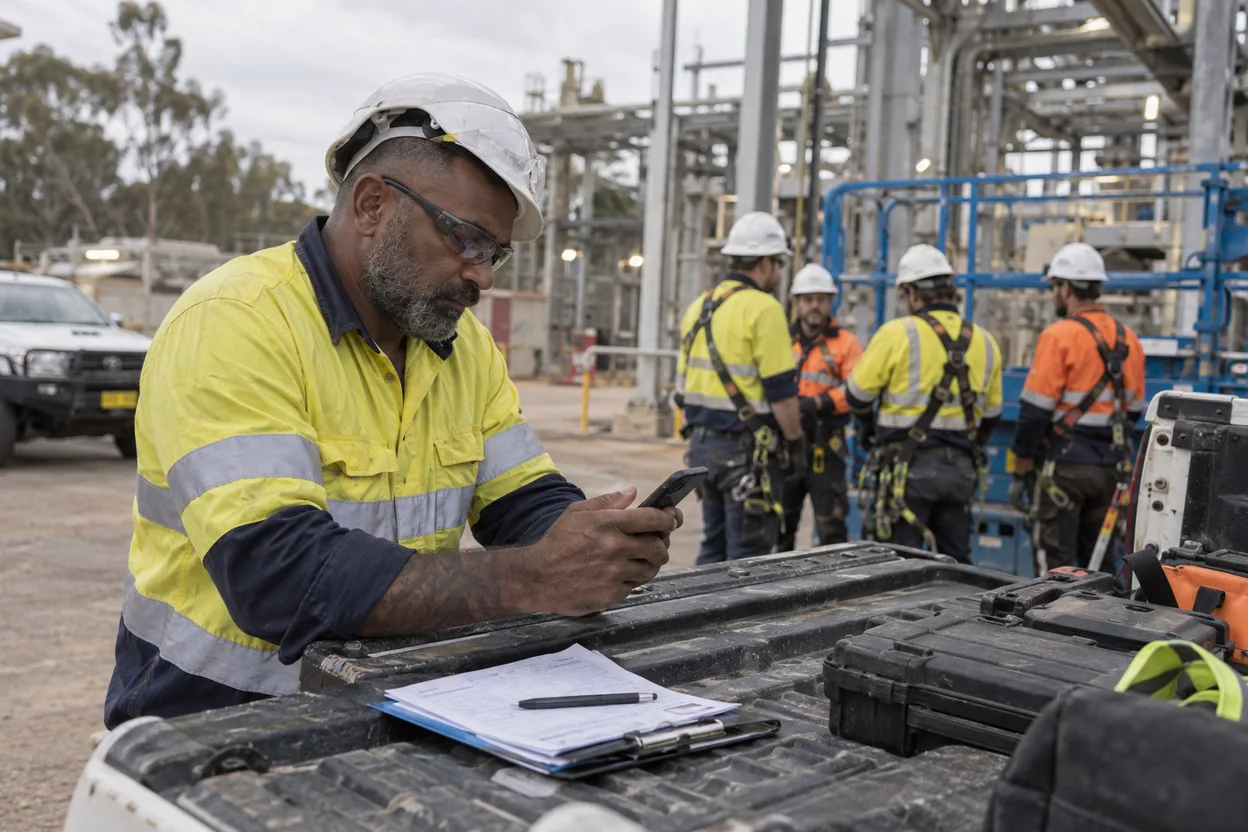 An area supervisor in hi-vis leaning on the tray of a ute at a plant, approving a permit on his phone while a contractor crew waits by a scissor lift