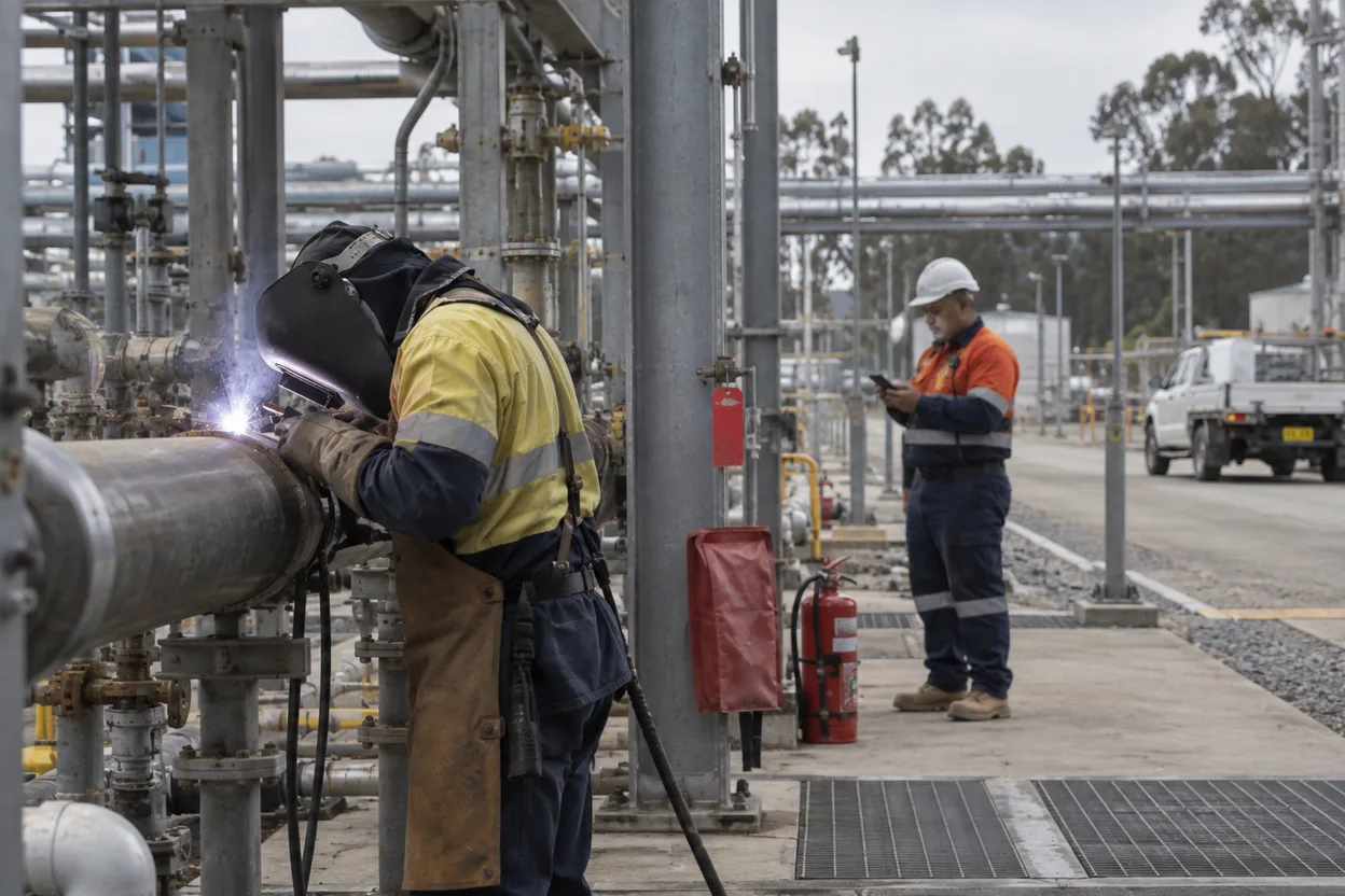 A welder in a leather apron and a fire watch in hi-vis at a pipe rack, the fire watch holding a phone with the permit open beside a red isolation tag