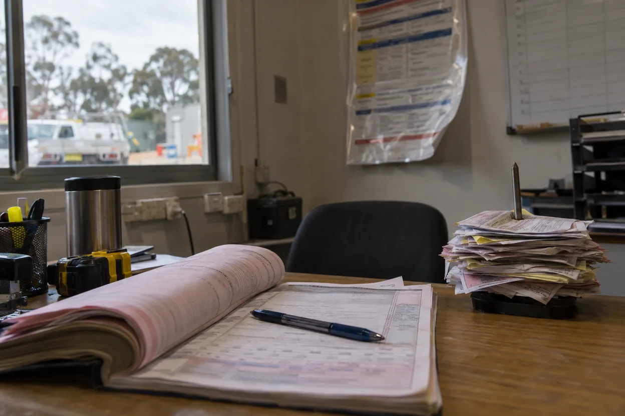 A carbon-copy permit to work pad on a site office desk with a pen, a stack of used permit copies on a spike, and a laminated permit procedure on the wall