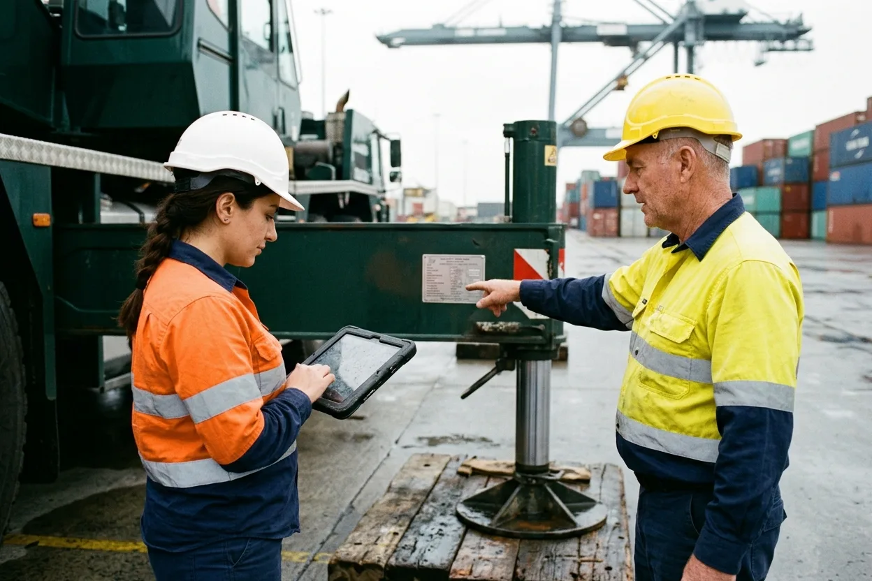 A supervisor and a crane operator at the foot of a mobile crane on a port hardstand, the supervisor checking the crane’s record on a tablet against the compliance plate