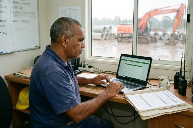 The owner of a small civil contracting business at a desk in a site office, working through a prequalification form on a laptop with insurance certificates beside him